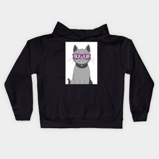 Cute Grey Cat with Nerdy Pink Glasses - Anime Wallpaper Kids Hoodie